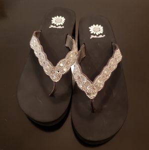 Yellow Box Rhinestone Wedge Thong Sandals - Size 9
